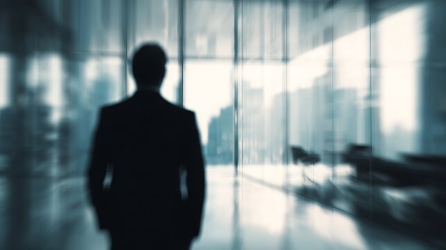 Corporate manager a modern office back turned to camera large windows with natural light blurred face professional setting anonymous business person