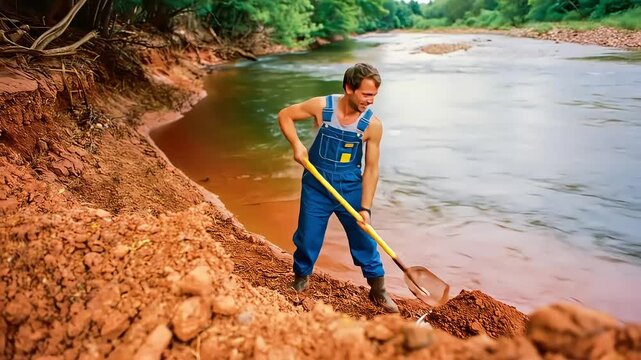 A smiling man in overalls stands in a river, using a shovel to dig red clay from the bank