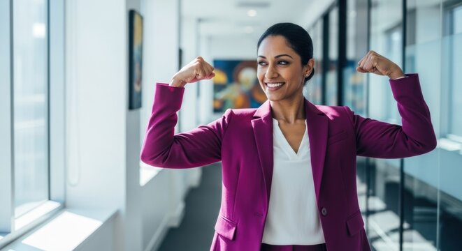 Confident woman in business suit flexing in modern, bright office