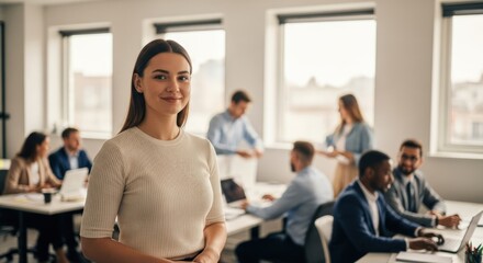 Confident woman leads a diverse team in a bright, modern office setting