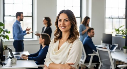 Confident woman stands, smiling, in busy modern office workspace