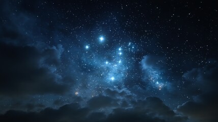 Obraz premium A cluster of bright stars illuminates a dark night sky with swirling clouds