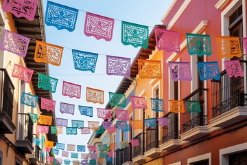 Vibrant papel picado flags decorate a charming Mexican street for a festive celebration