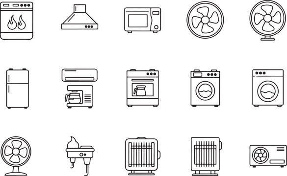Kitchen appliances and fans and heaters and washing machines, stove, range, oven, fire, flames, range hood, microwave, fan, desk fan, pedestal fan, refrigerator, fridge, coffee maker, air conditioner,