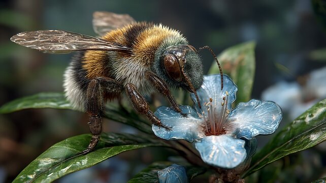 Close up of a fuzzy bumblebee with transparent wings landing on a delicate blue flower
