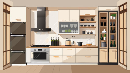 Vector art of sleek and modern kitchen with integrated appliances, including a range and refrigerator, complemented by ample storage, wine bottles, and a clean aesthetic