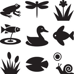 Vector art of collection of pond life icons isolated on white background, featuring various animals and plants in simple style