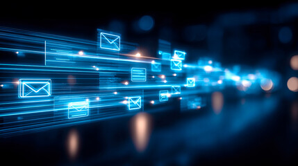 Obraz premium A digital inbox interface floats in a dark, futuristic environment.