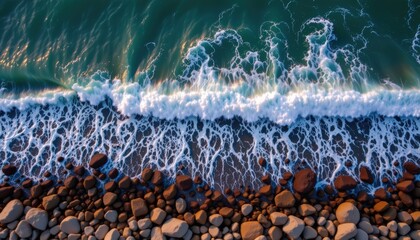 aerial shot of waves crashing onto rocky shorelines as the sunset colors reflect on the surface