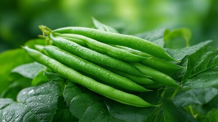 Fototapeta premium Fresh green beans with water droplets resting on lush green leaves organic