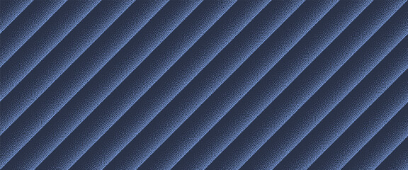 Obraz premium Vector abstract wide panoramic background featuring tilted navy blue lines in halftone style. Grainy dotted texture adds depth and dynamic modern diagonal structure for digital design abstraction