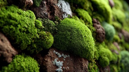 Close up view of lush green moss growing on textured rocks with varying light