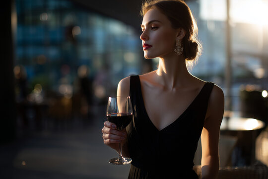 Elegant woman in black dress enjoying a glass of red wine in a sophisticated evening setting - Powered by Adobe