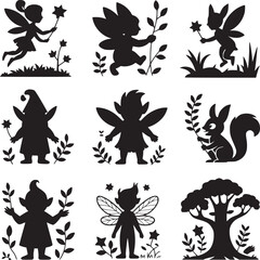 Vector art of set of fairy tale characters isolated on white background, fairy, elf, gnome, squirrel, tree, and plants