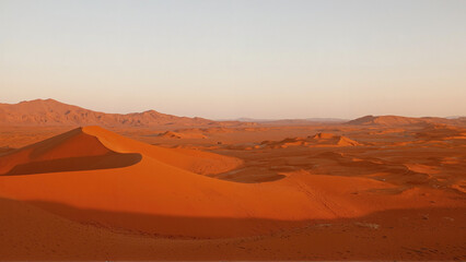 Fototapeta premium Vast desert landscape with sand dunes at golden hour. A breathtaking panoramic view of a vast desert landscape during golden hour. Smooth sand dunes cast long shadows under warm sunlight