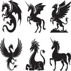 Vector art of mythical creatures silhouettes, including dragons, unicorns, griffins, and phoenixes isolated on white background