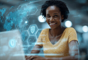 Woman uses digital interface, with glowing blue tech overlaying world map. Perfect for tech company website, cybersecurity ad, software product photography.