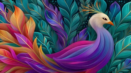 Obraz premium Vibrant mythical bird with colorful plumage nestled among stylized leaves