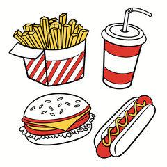 Cartoon fast food set with burger, fries, soda and hotdog isolated on white background