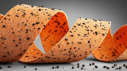 Curled orange sponge strip with dark particles, gray background, shallow depth