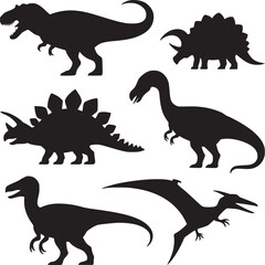 Vector art of dinosaur silhouettes, including trex, triceratops, stegosaurus, and pterodactyl isolated on white background