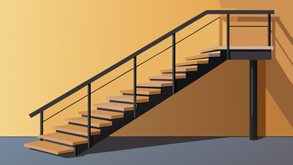 Vector art of a stylish wooden staircase with a black metal railing ascends in a bright interior space, showcasing modern design and architectural lines with soft shadows