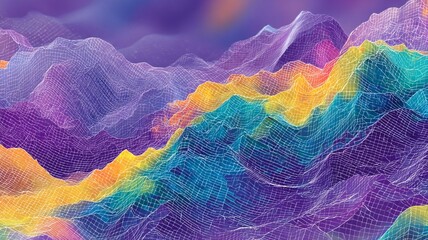 Colorful abstract digital mountain landscape with wireframe grid overlay