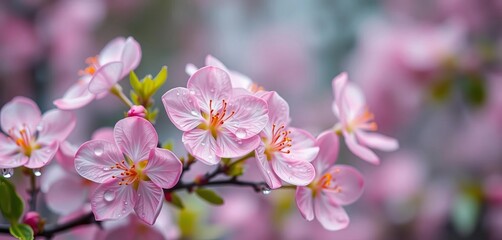 Abstract pastel spring blossoms with glistening raindrops, blurred bokeh background, ai, visual