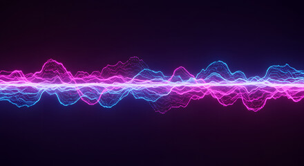 Abstract futuristic energy wave composed of glowing pink and blue particle data streams.