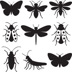 Vector art of silhouette vector illustration of various insects, including butterfly, bee, ladybug, dragonfly isolated on white background