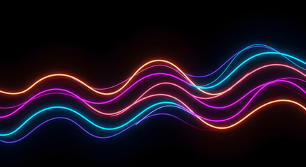 Abstract glowing neon lines in vibrant cyan magenta and orange flowing in a dynamic wave pattern.