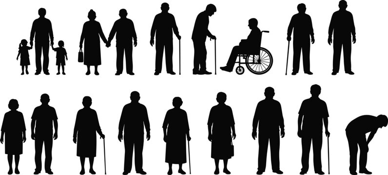 Elderly silhouettes, aging process, senior citizens, mobility support, wheelchair users, generational contrast, healthcare concept, family care, physical disability, assistive technology