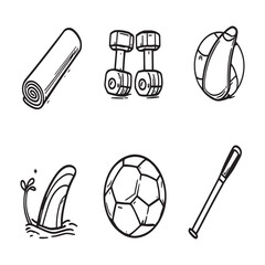 Minimalist line art collection of various sports equipment.eps