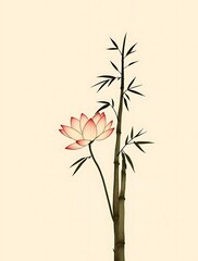 Fototapeta premium Serene sumi-e illustration of a pink lotus flower and bamboo stalk, symbolizing purity and harmony.