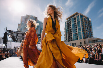 Elegant models showcase flowing autumn dresses on an outdoor runway during a vibrant fashion show in the city