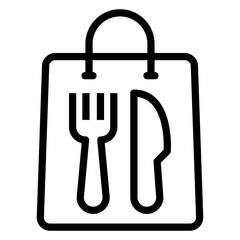 Logo comida para llevar. Bolsa con cubiertos. Icono bolsa de la compra con cuchillo y tenedor con líneas  © teracreonte