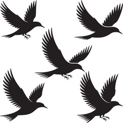 Vector art of silhouette of five birds flying isolated on white background in a simple and elegant design style