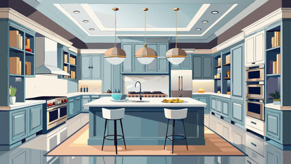 Vector art of a beautifully designed modern kitchen with light blue cabinetry, a large island with bar stools, and elegant pendant lighting, creating a luxurious and inviting atmosphere