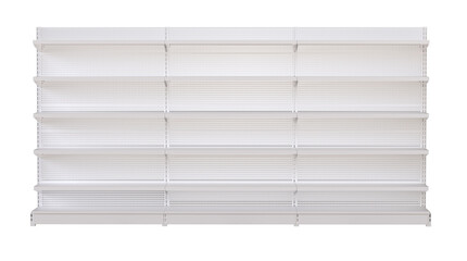 Empty white retail display shelves supermarket gondola mockup. Store Shelves. White supermarket shelving display or bookstore racks.  © POSMGUYS