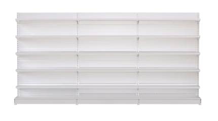 Wandcirkels Gondels Empty white retail display shelves supermarket gondola mockup. Store Shelves. White supermarket shelving display or bookstore racks.   © POSMGUYS