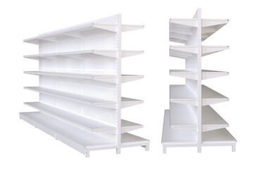 Empty white retail display shelves supermarket gondola mockup.  White supermarket shelving display or bookstore racks.  © POSMGUYS