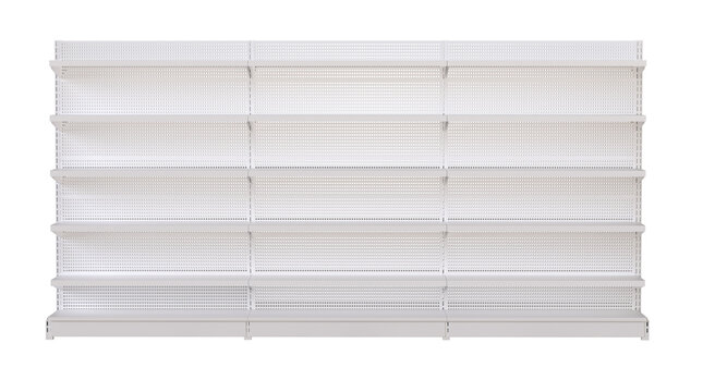 Empty white retail display shelves supermarket gondola mockup. Store Shelves. White supermarket shelving display or bookstore racks. 