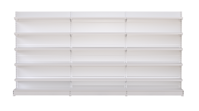 Empty white retail display shelves supermarket gondola mockup. Store Shelves. White supermarket shelving display or bookstore racks. 