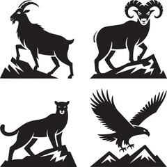 Vector art of collection of mountain animals silhouettes isolated on white background for logo or decoration