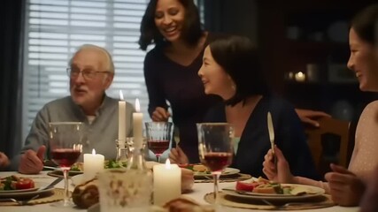 Family gathering at a dinner table with elderly couple enjoying a meal and conversation, candles lit