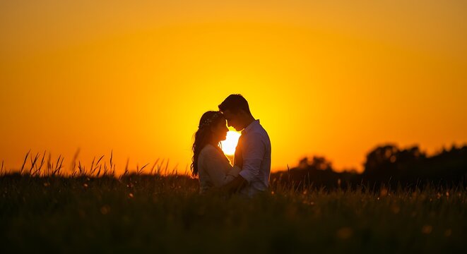 Silhouette of couple embracing in grass under sunset