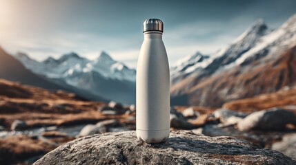 Gray thermos on rock, snowy mountains background