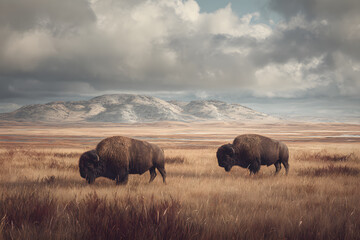 Majestic Bison Herd Roaming Free in Expansive Prairie Landscape: Embracing Nature&rsquo;s Beauty and Preserving Wildlife&rsquo;s Heritage in a Tranquil Environment