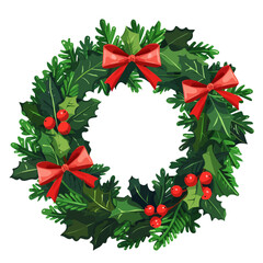 An illustration flat 2D icon Christmas wreath with red bow isometric view illustration, vector clipart isolated on a transparent background — clean animation-style design, created by me, Cute design