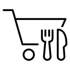 Comida para llevar. Logo carreta con cubiertos. Icono carrito de la compra con cuchillo y tenedor con líneas © teracreonte